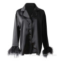 Black Button Up Long Feather Sleeve Women Bluse